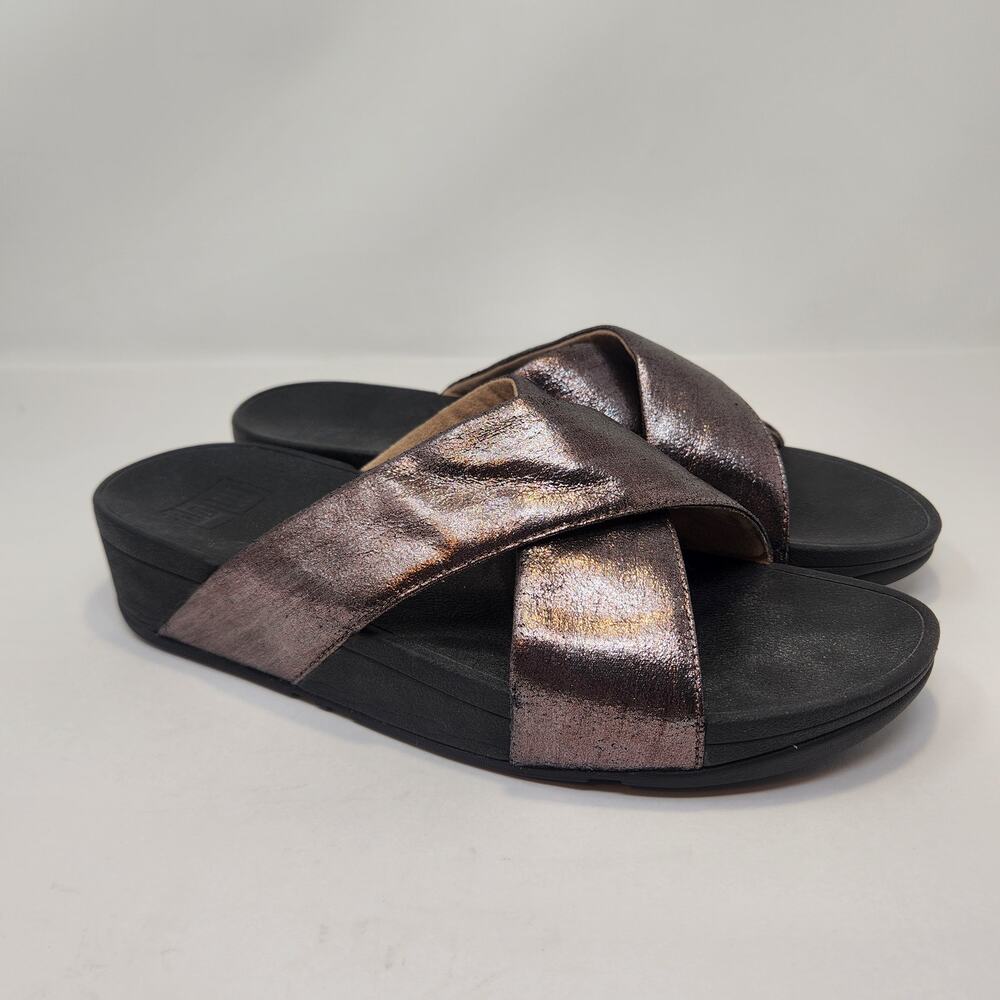 FitFlop Lulu Cross Strap Slide Wedge Sandal Women Size 9 Metallic Pink Comfort